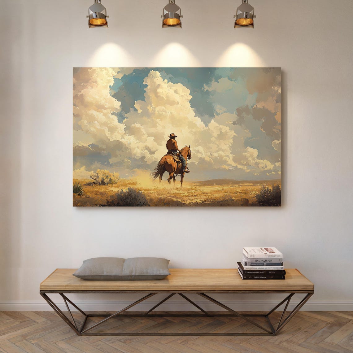 Cowboy Riding Into Golden Prairie Cumulus Clouds Western Poster - Image 5