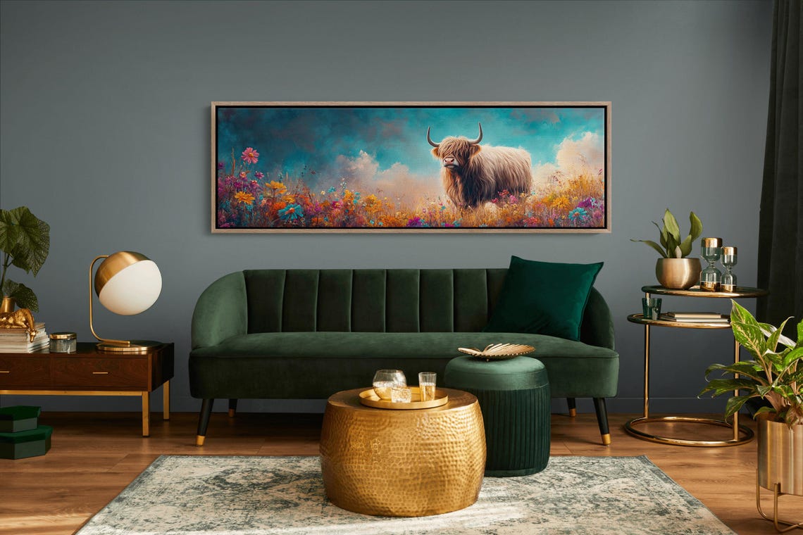Highland Cow Wildflower Meadow Rustic Landscape Colorful Wall Art - Image 6