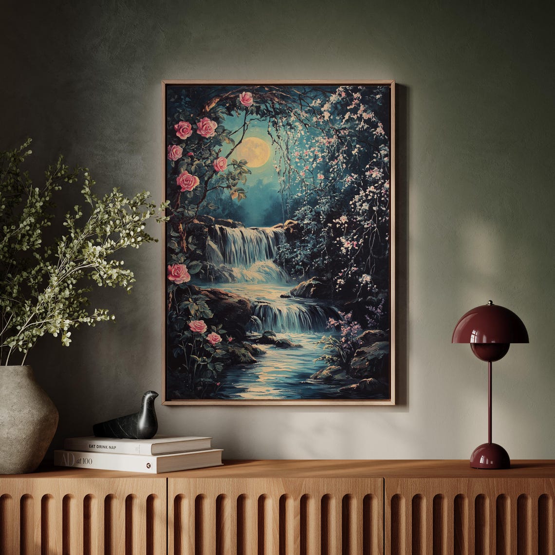 Moonlit Waterfall With Roses Romantic Floral Night Scene Art Poster - Image 7