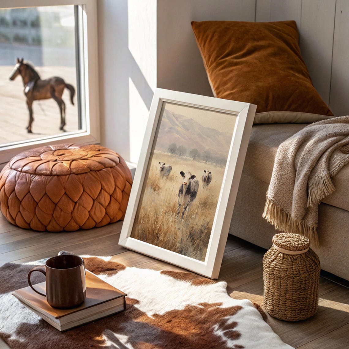 Cows Walking Through Golden Field Watercolor Rustic Farm Poster