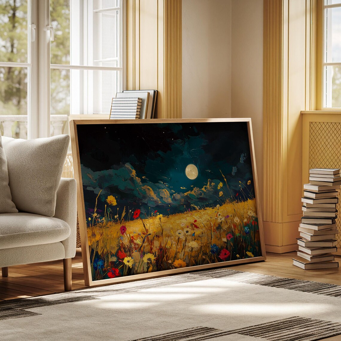 Golden Moonlit Meadow Art Print, Night Sky Wildflowers - Image 6