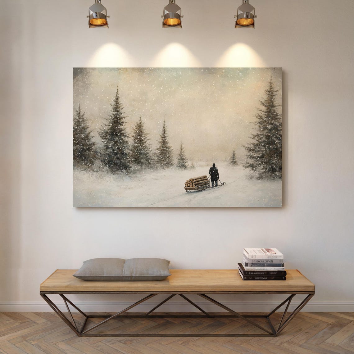 Minimalist Winter Forest Log Sled Journey in Falling Snow Art Poster - Image 5