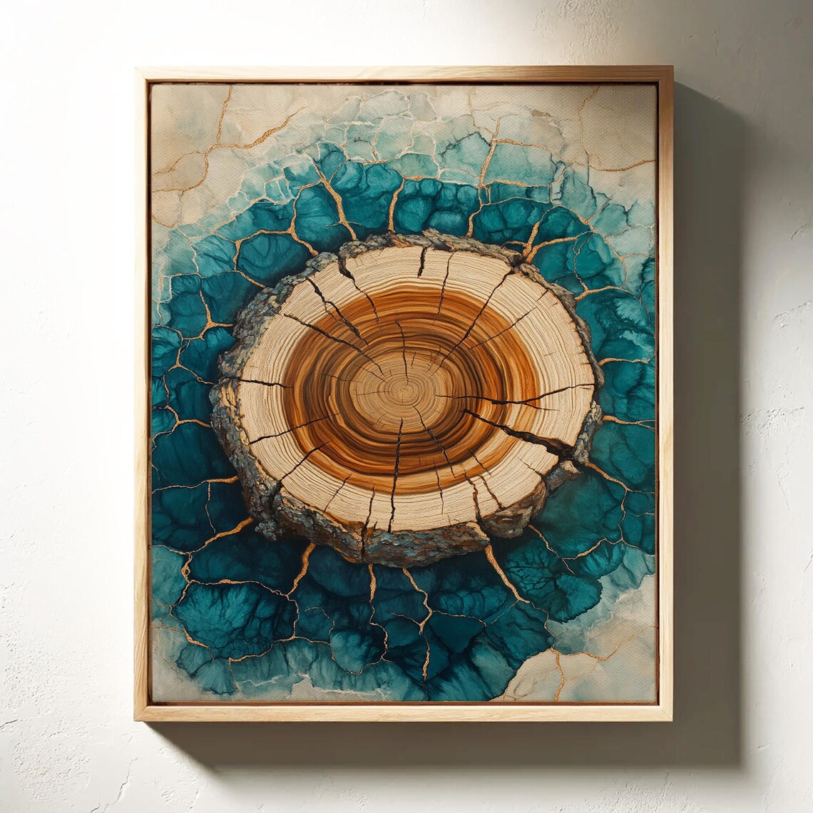Abstract Tree Ring Cracked Wood Resin Art Rustic Blue Gold Nature Wall Decor Modern Organic Textured Print - Image 3