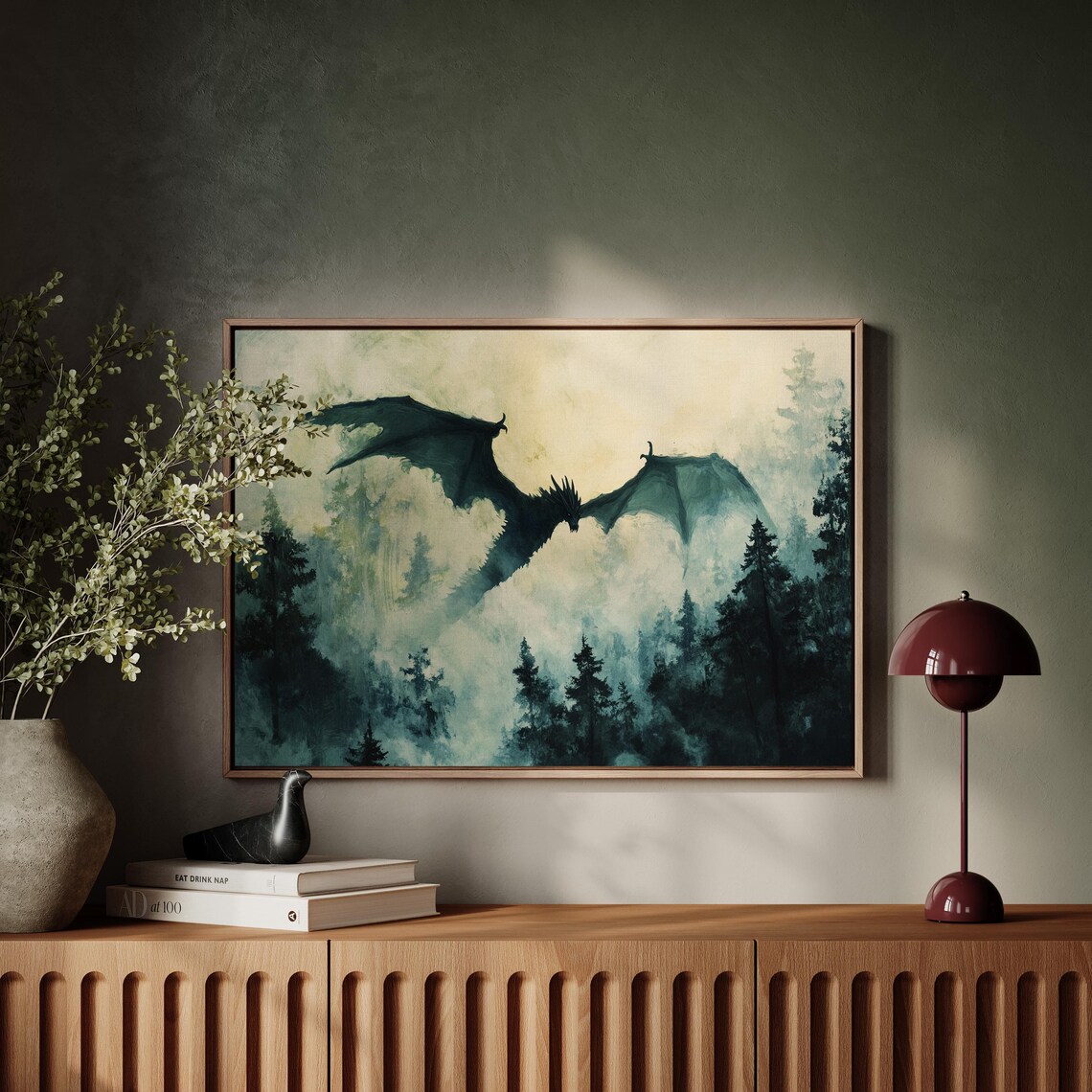 Majestic Dragon Silhouette Soaring Above Misty Forest Stunning Fantasy Wall Art For Home Or Office Decor - Image 3