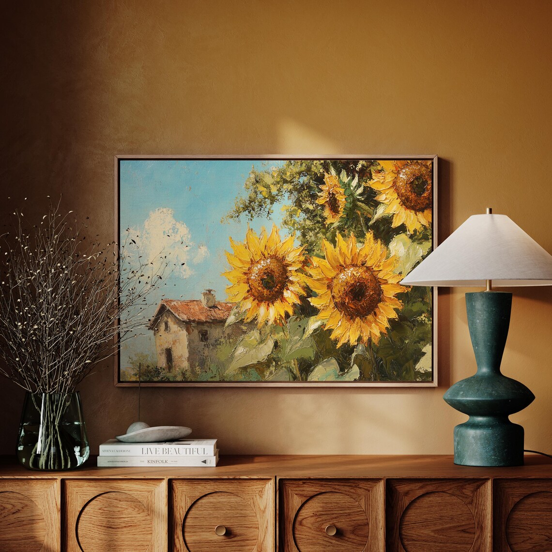 Giant Sunflowers with Rustic Farmhouse Bright Summer Oil Painting Poster
