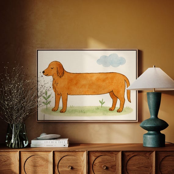 Whimsical Brown Dog Illustration Cute Watercolor Style Long Pup Standing In Grass With Cloud And Plants