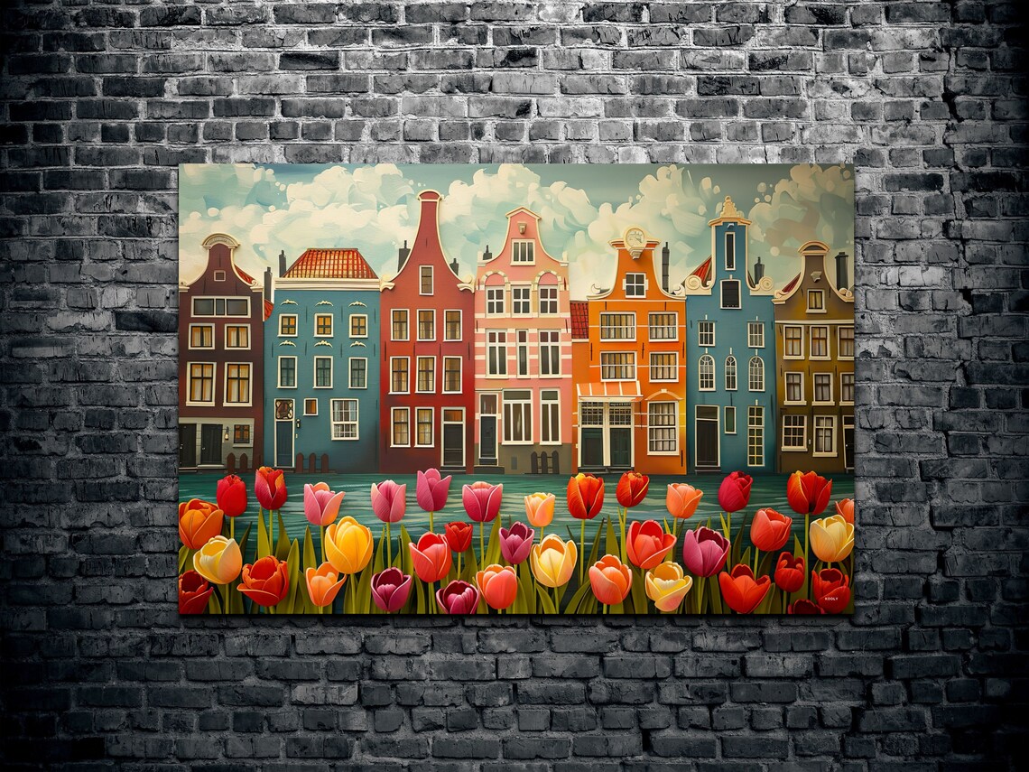 Amsterdam Canal Houses with Colorful Tulips Flower Painting Wall Art - Image 2