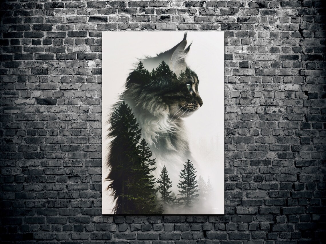 Double Exposure Cat and Forest Trees Art Print - Image 2