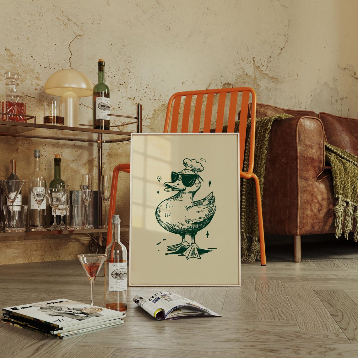 Cool Duck in Chef Hat and Sunglasses Funny Line Art Kitchen Poster