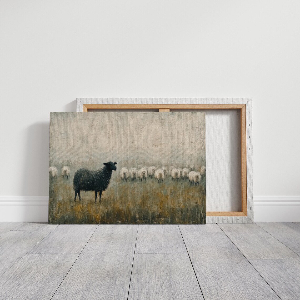 Black Sheep In Foggy Meadow Rustic Animal Art Print - Image 3