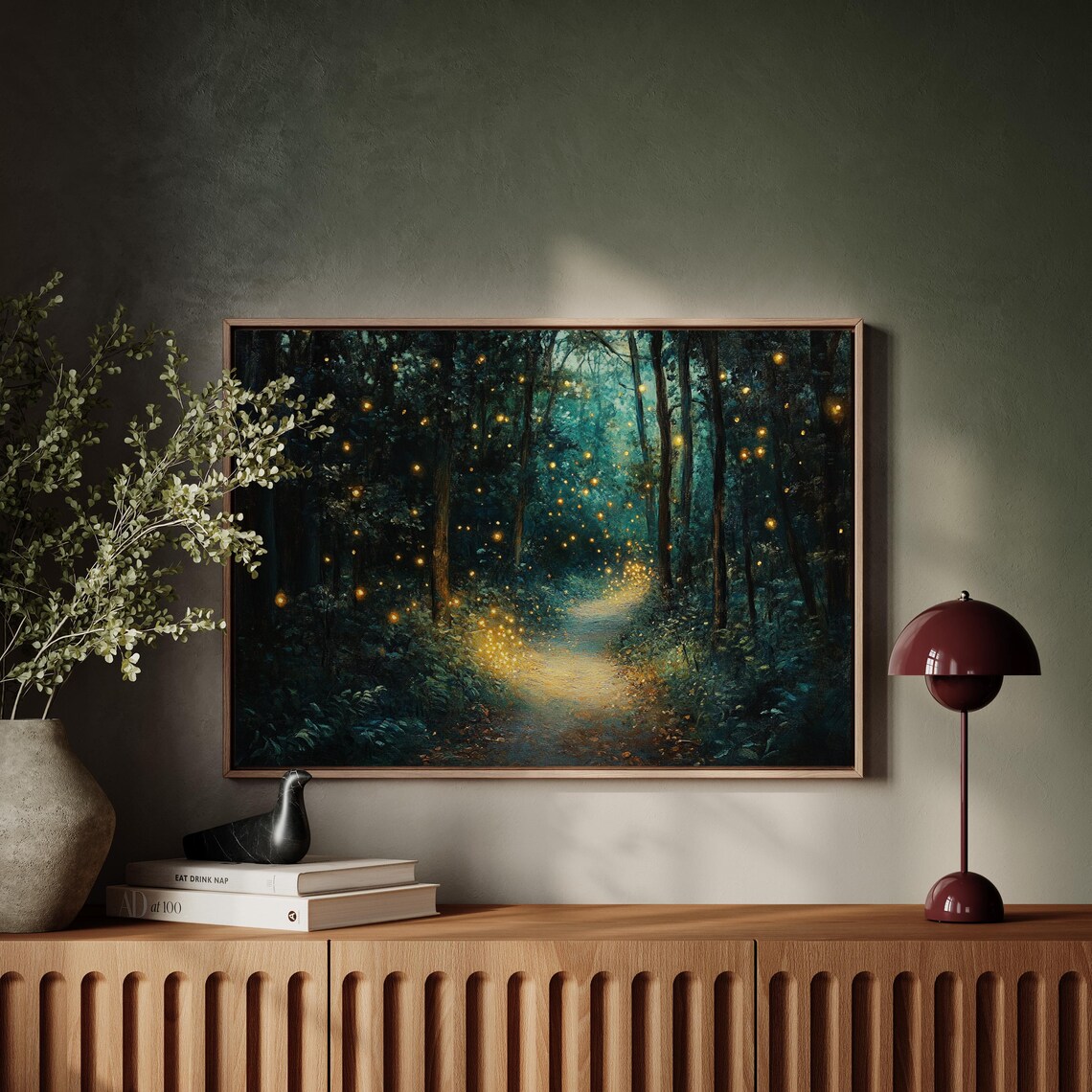 Enchanted Forest Path With Fireflies, Mystical Woodland Landscape