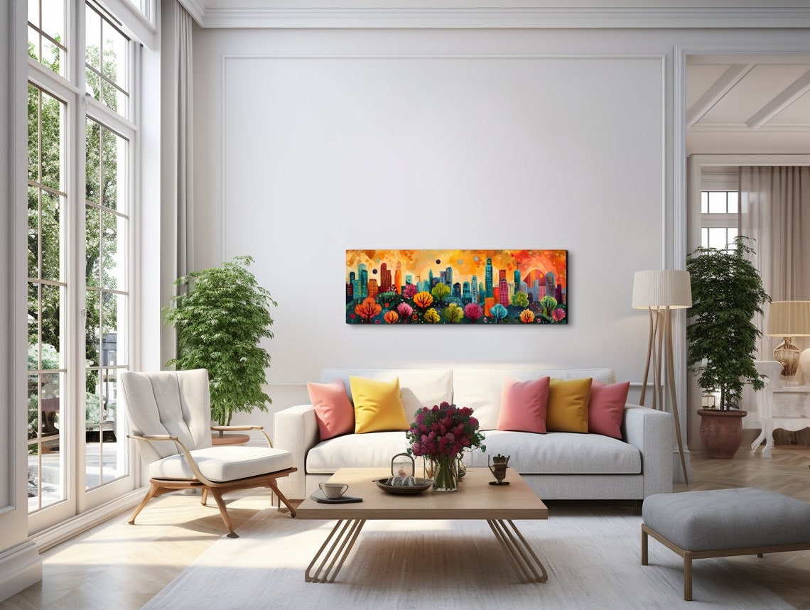 Whimsical City Skyline Sunset Colorful Trees Urban Panoramic Wall Art - Image 7