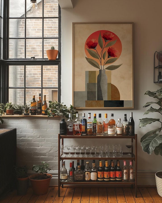 Geometric Red Roses in Vase Warm Sunset Tones Modern Floral Art Poster