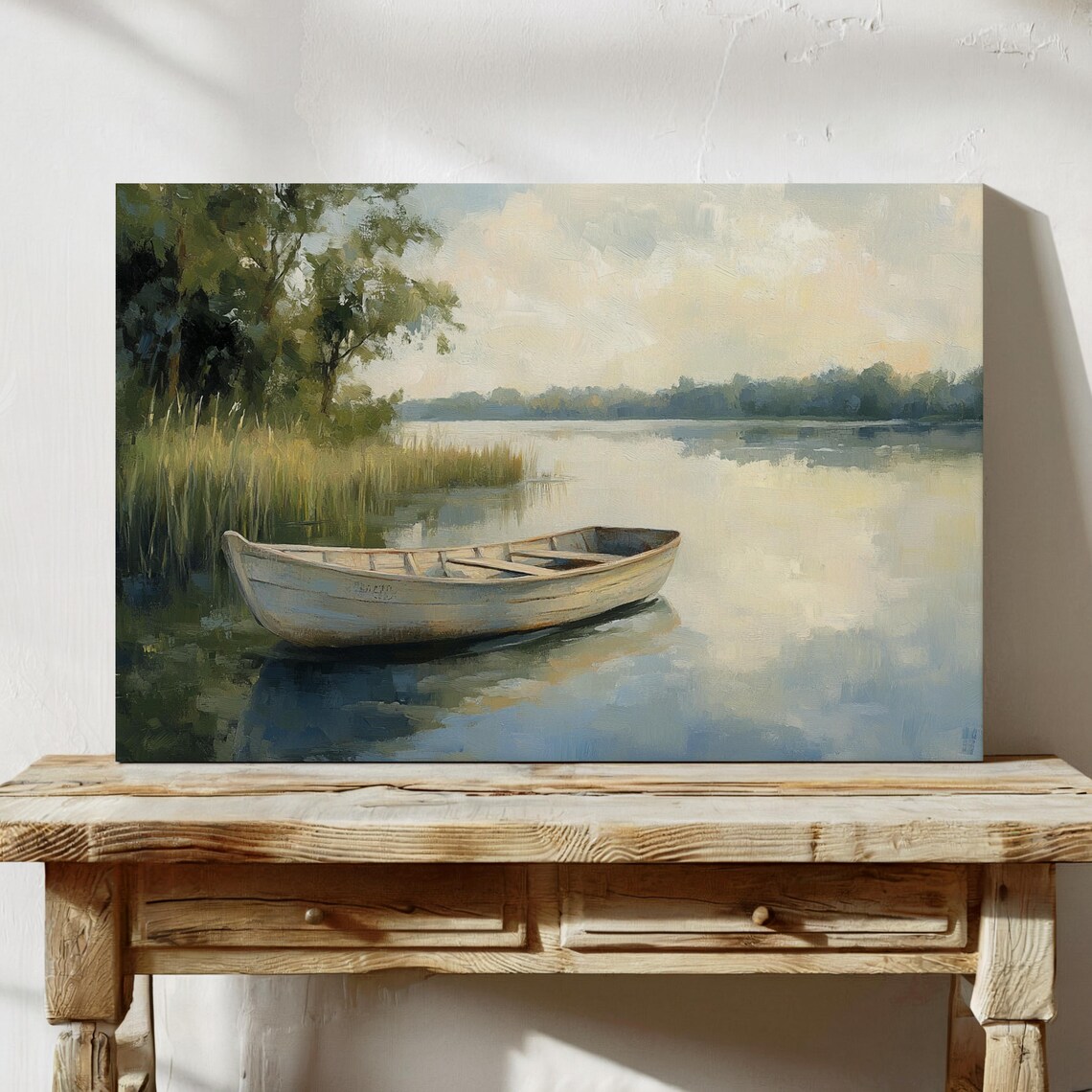 White Rowboat Misty Lake Golden Morning Serene Nature Poster - Image 7