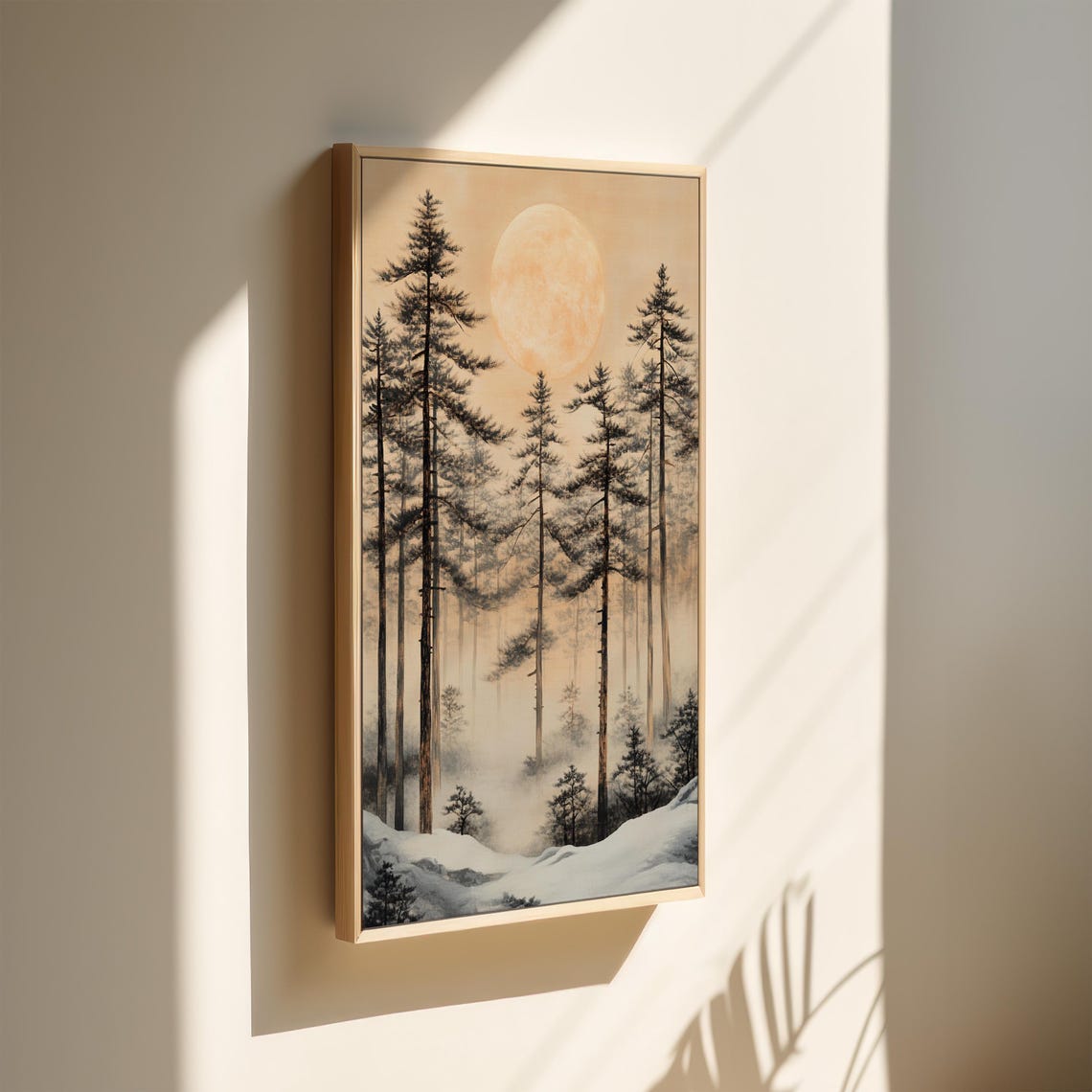 Misty Winter Pine Forest Golden Full Moon Snowy Cabin Poster - Image 2