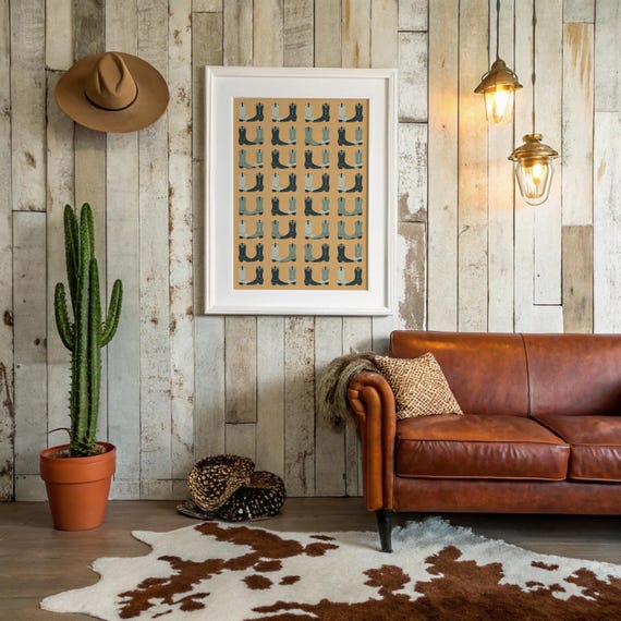 Cowboy Boot Pattern Print Western Rustic Wall Art