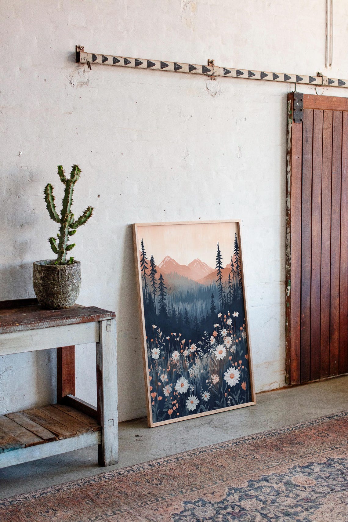 Serene Mountain Landscape With Daisies And Evergreen Trees Tranquil Nature Art For Home Decor - Image 5