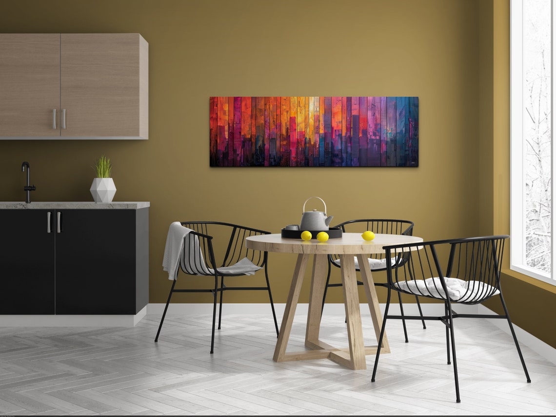 Colorful Urban Skyline Collage On Painted Wood Planks Wall Art - Image 6