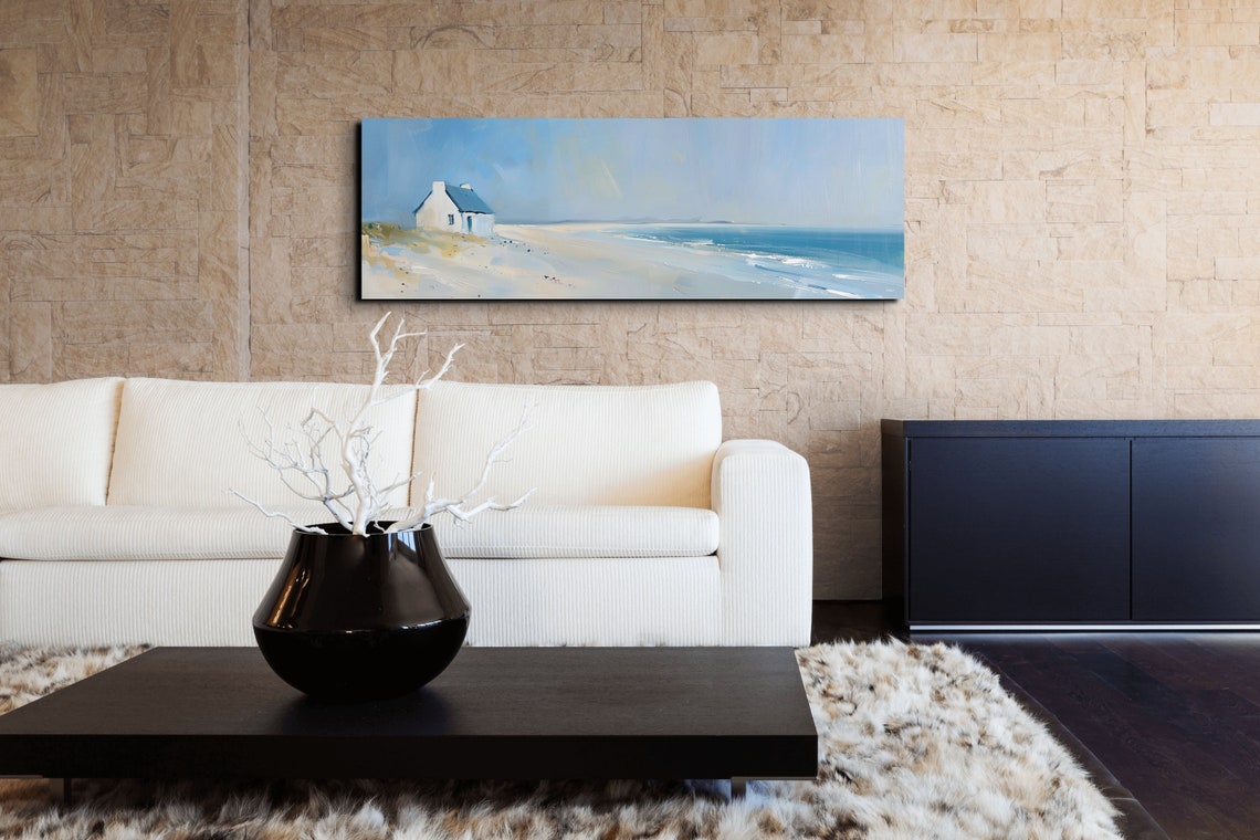 White Beach Cottage Coastal Oil Painting Panoramic Seascape Poster - Image 5