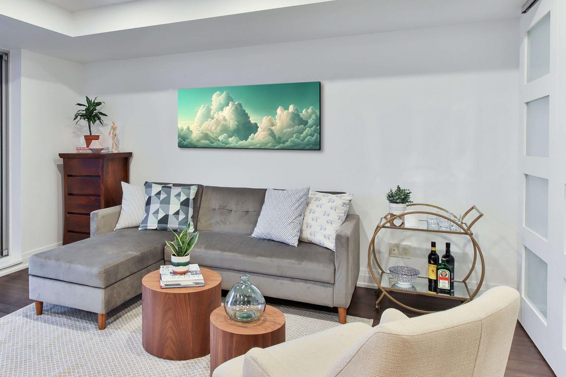 Billowing Cumulus Clouds on Teal Sky Panoramic Cloudscape Poster - Image 3