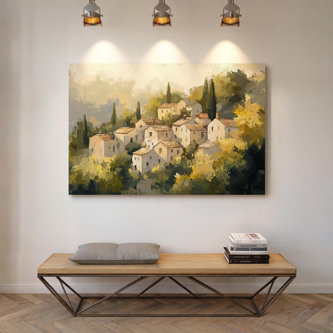 Charming Italian Village Cypress Trees Green Golden Hills Wall Art - Image 4