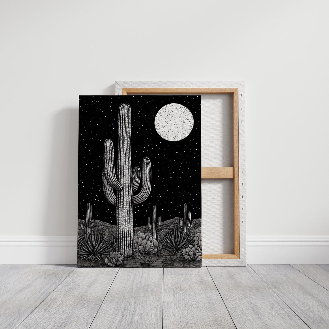 Bold Black Night Desert Cactus Illustration with Stars and Moon Poster - Image 3