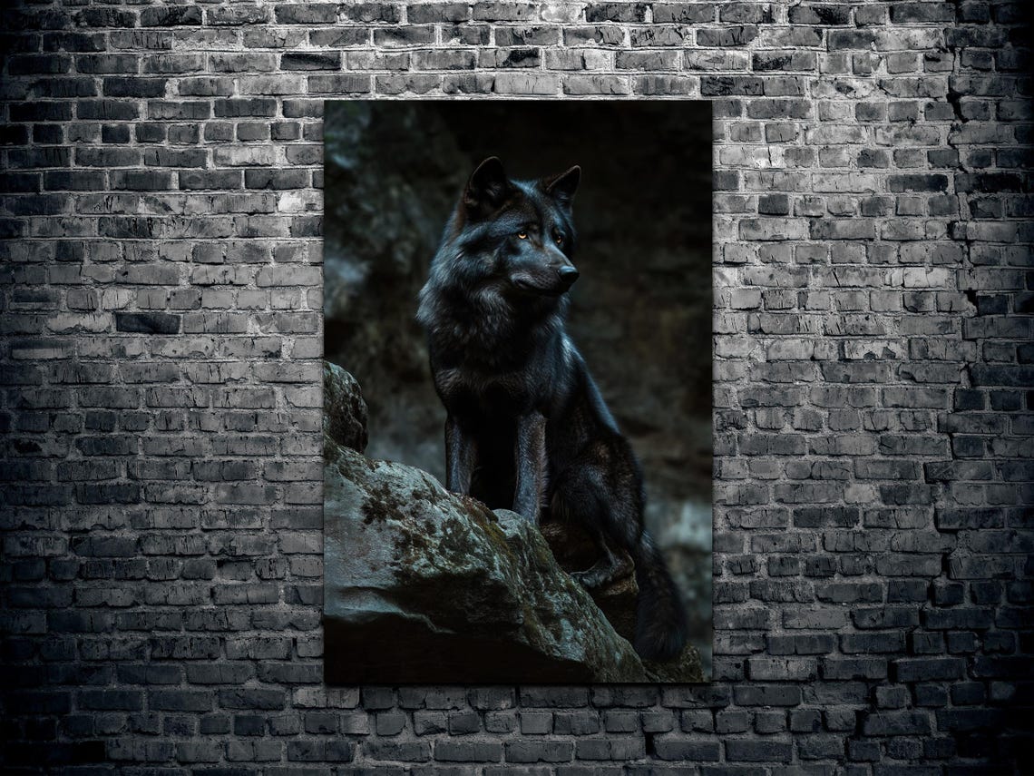 Black Wolf Standing on Rocky Outcrop in Dark Forest Night Photo Poster - Image 2