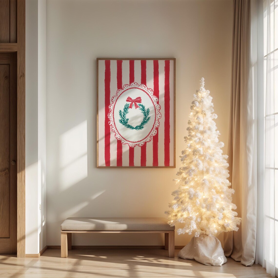 Whimsical Christmas Wreath With Red Bow, Art Print