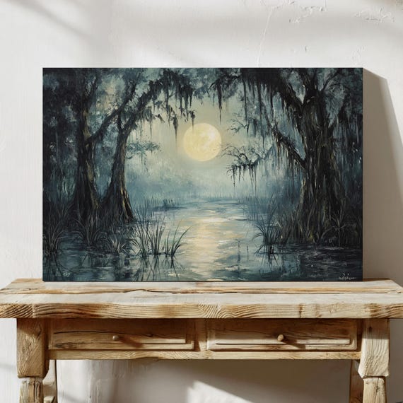 Mystical Moonlit Swamp Enchanting Landscape Wall Art Atmospheric Nature Scene For Rustic And Gothic Home Decor