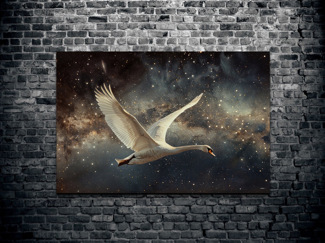 Swan Gliding Through Starry Cosmos Nebula Dreamlike Bird Wall Art - Image 2