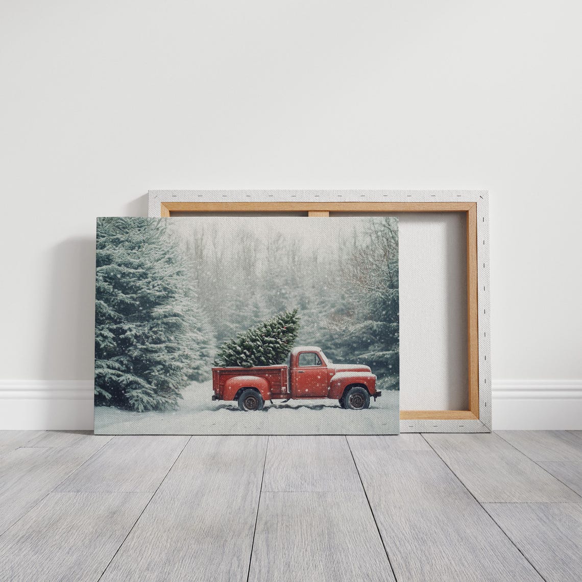 Vintage Red Truck Hauling a Christmas Tree Through Falling Snow Poster - Image 3