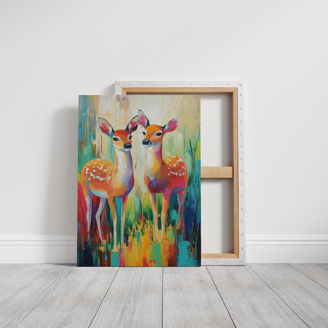 Colorful Spotted Fawn Duo Whimsical Abstract Wildlife Art Poster - Image 3