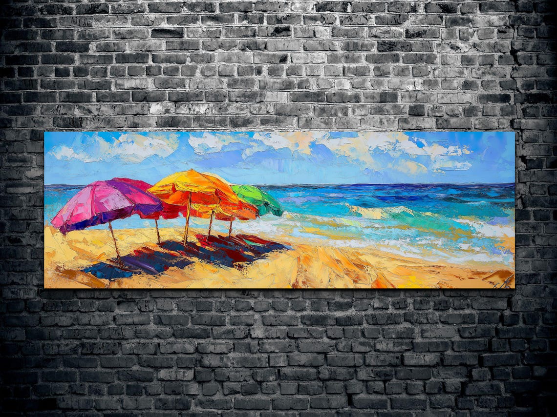 Colorful Beach Umbrellas On Sandy Shore Ocean View Panoramic Poster - Image 2