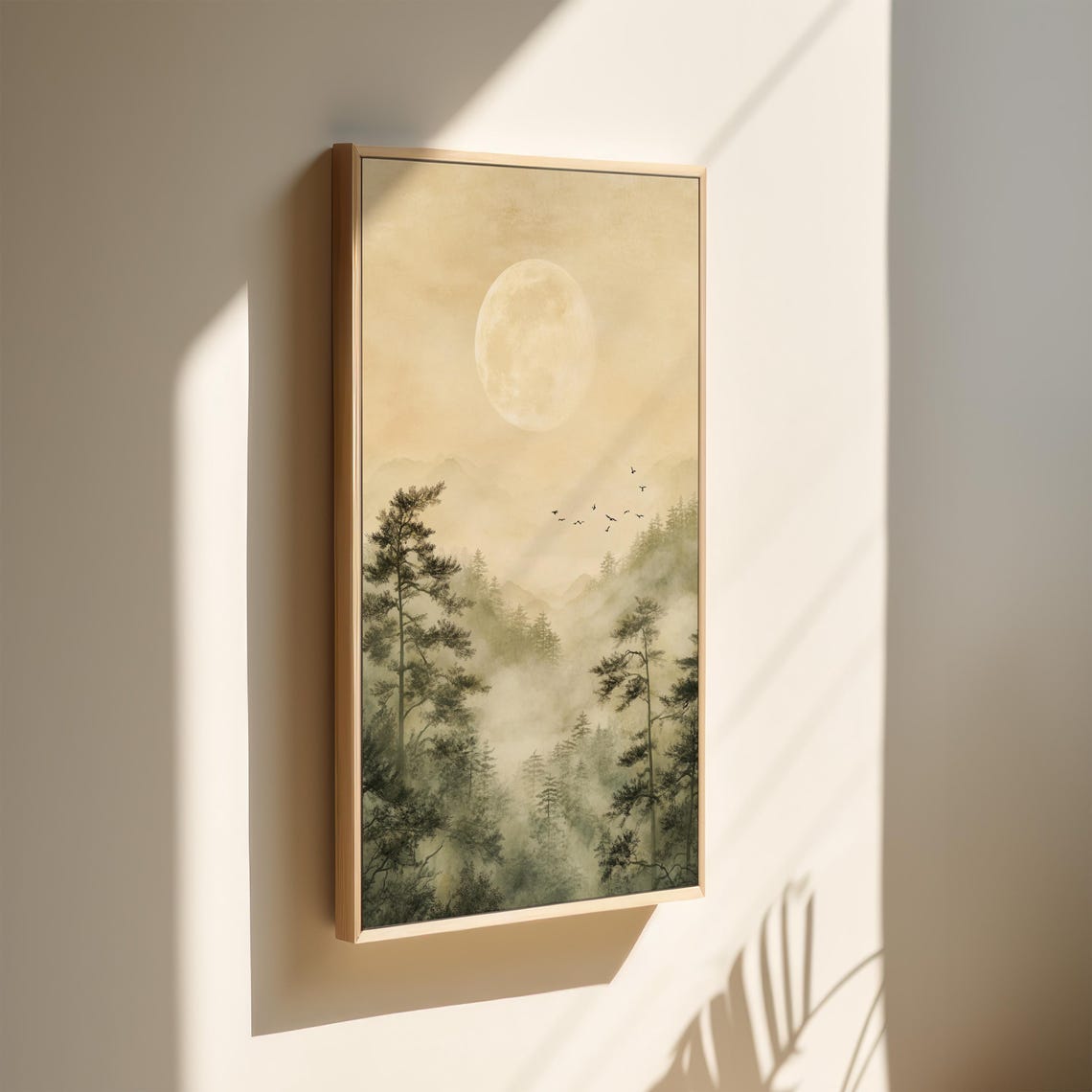 Misty Foggy Pine Forest Full Moon Flying Birds Serene Poster - Image 4