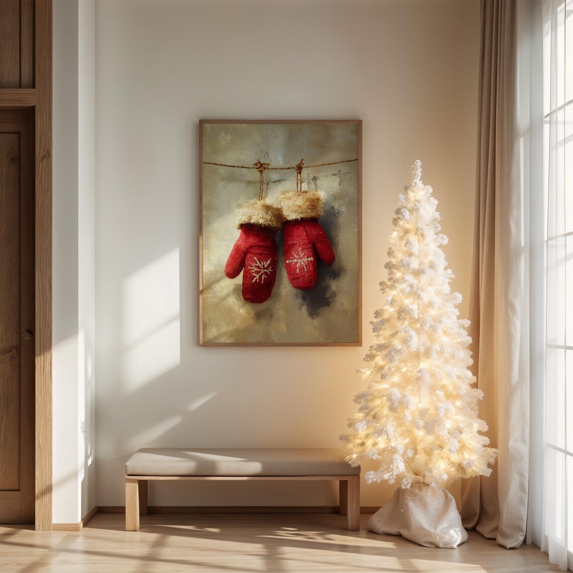 Cozy Red Knit Christmas Mittens Snowflake Design Vintage Poster