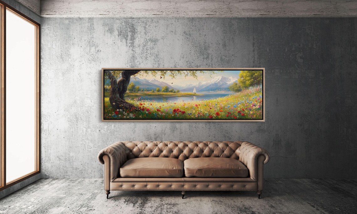 Wildflower Meadow Lake Sailboat Snowy Mountains Butterflies Art Poster - Image 3