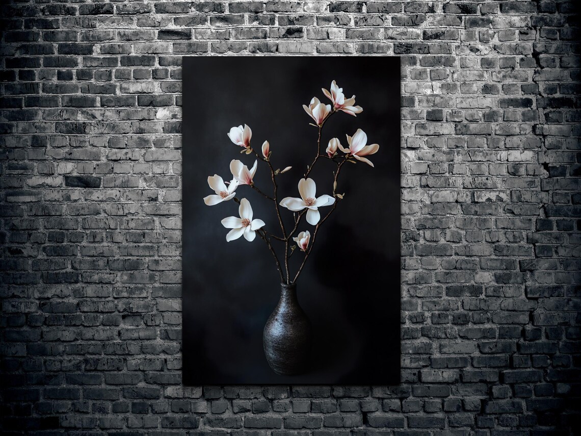 Magnolia Branch Dark Vase Moody Floral Botanical Still Life Poster - Image 2