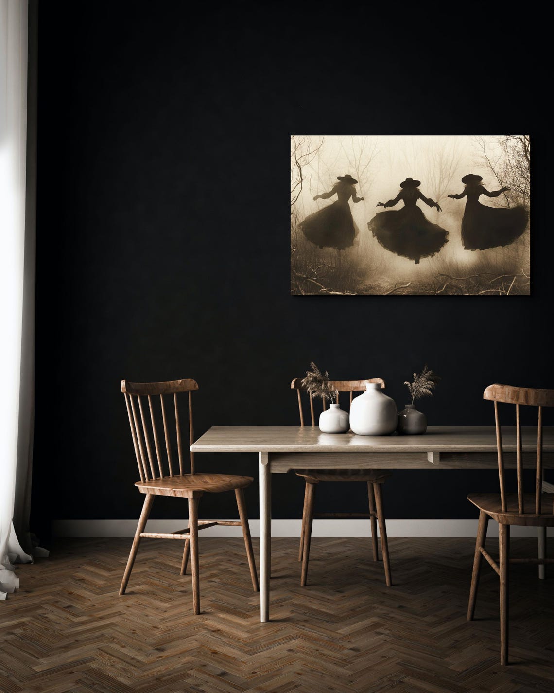 Three Witches Dancing Together in a Misty Haunted Forest Poster - Image 5