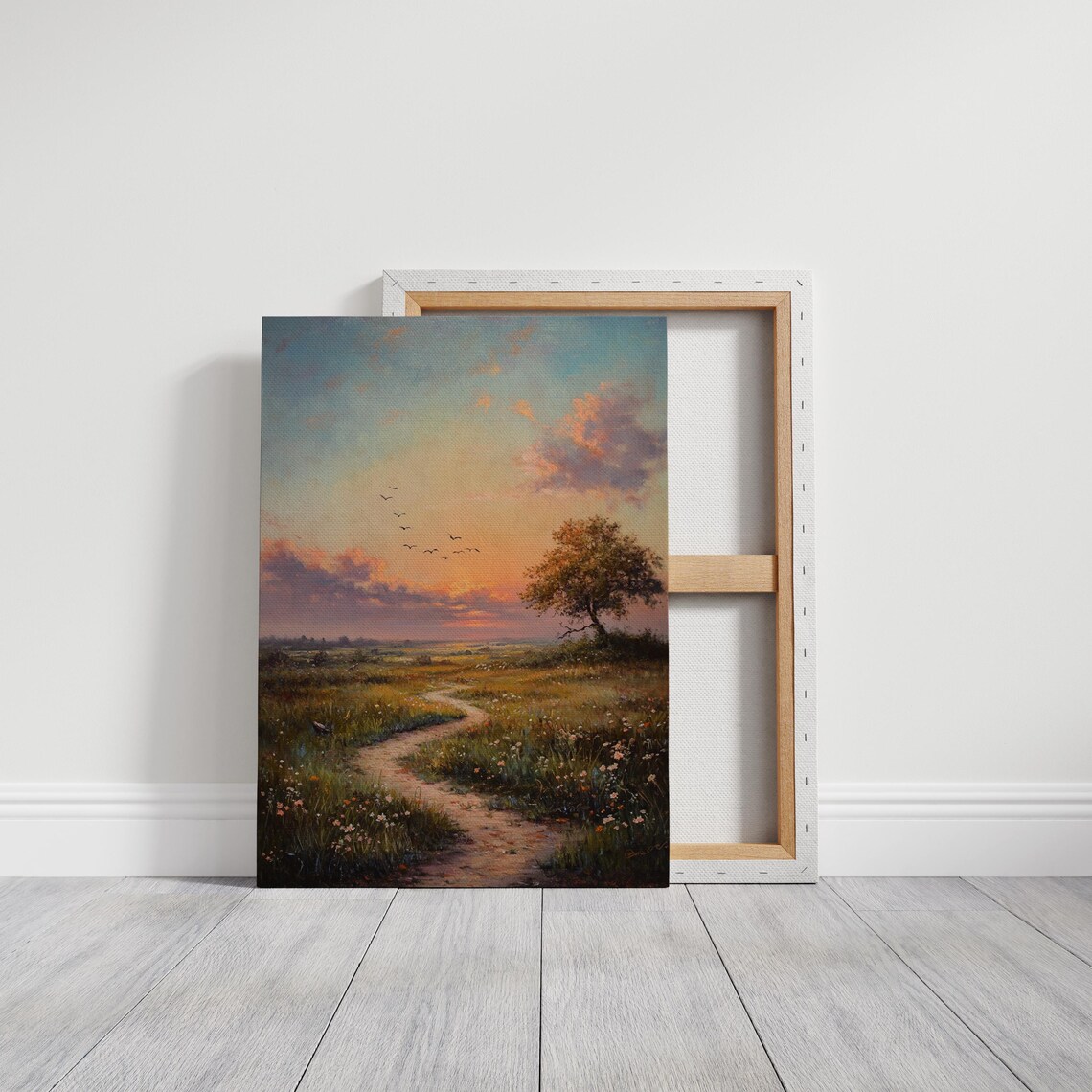 Golden Sunset Pathway With Wildflowers, Landscape Art - Image 3