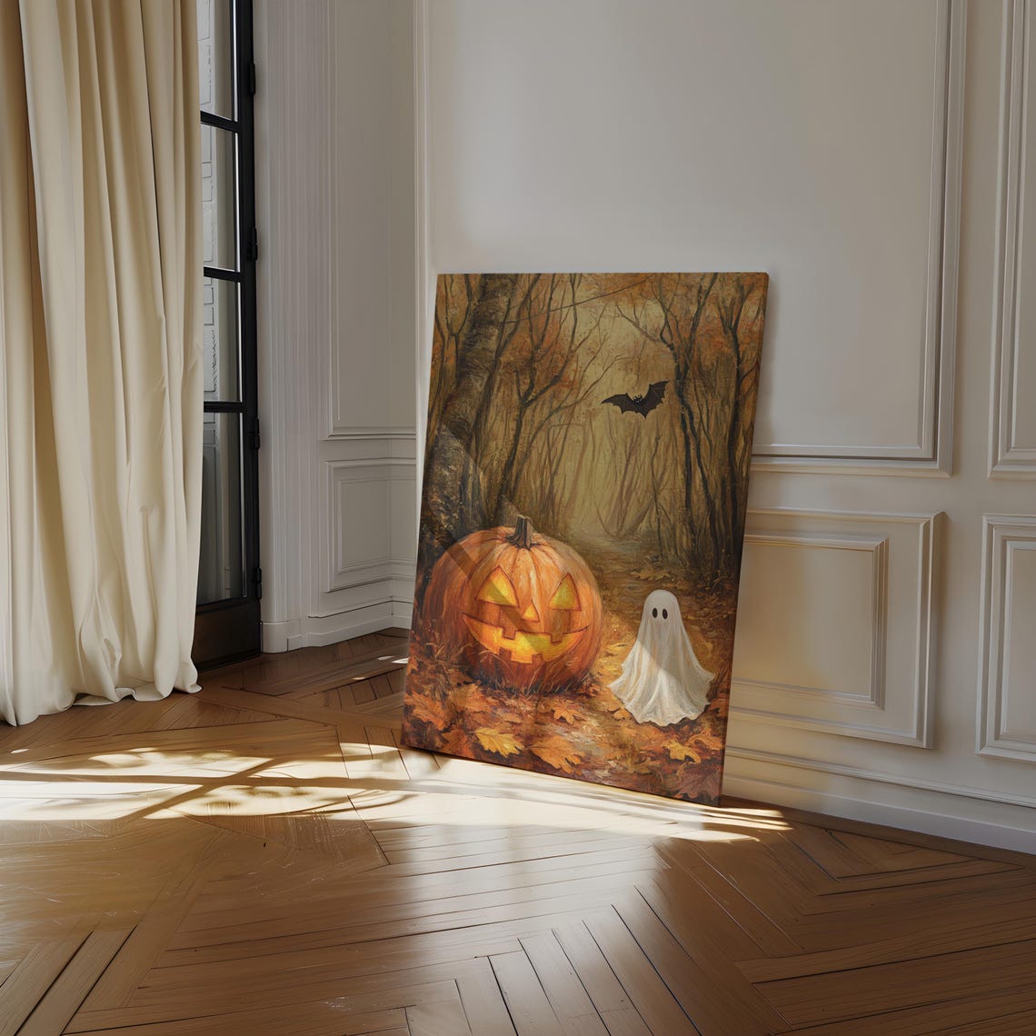 Glowing Jack O Lantern With Cute Ghost In Golden Autumn Woods Poster - Image 4