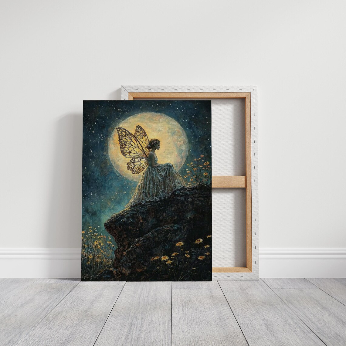 Enchanting Fairy With Golden Wings Under Full Moon Night Fantasy Wall Poster - Image 3