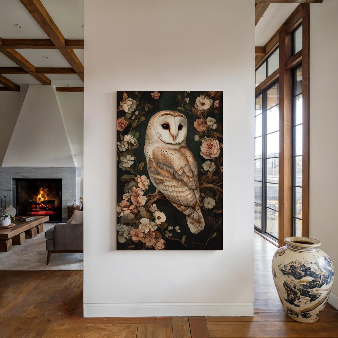 Barn Owl Surrounded by Peach Blossoms Dark Floral Art Poster - Image 5