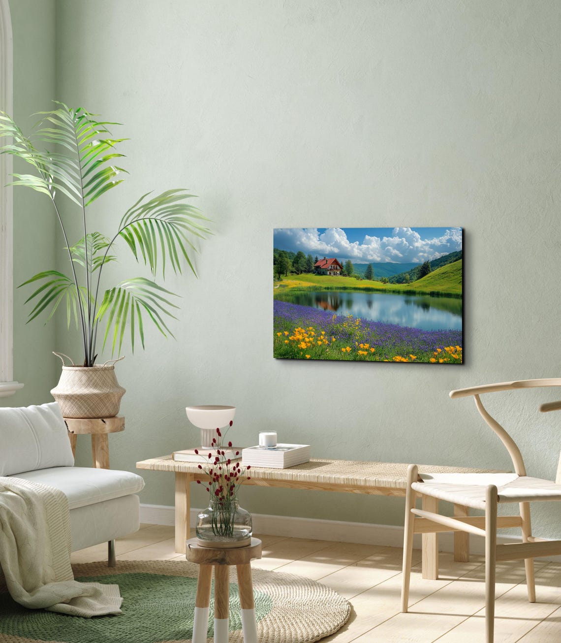 Wildflower Meadow Lake Cabin Mountain Spring Landscape Poster - Image 6