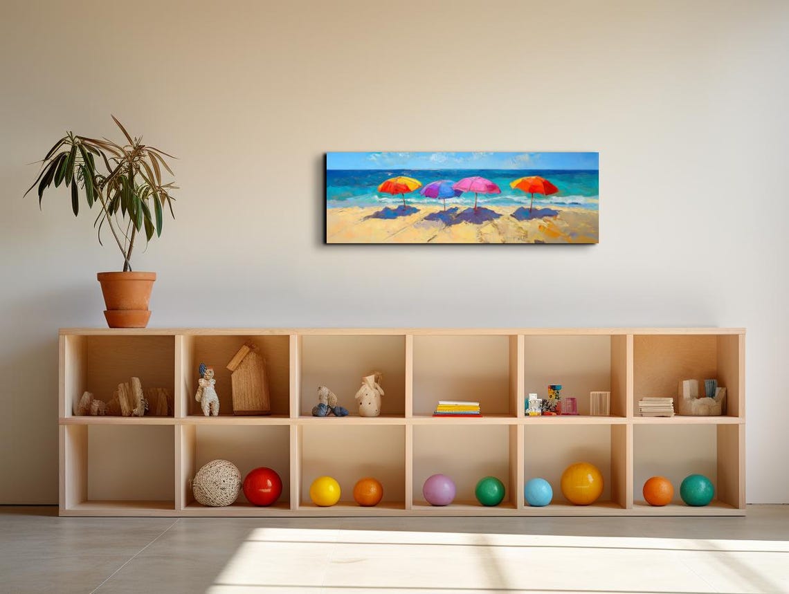 Vibrant Beach Parasols Turquoise Ocean Coastal Panoramic Art Poster - Image 4