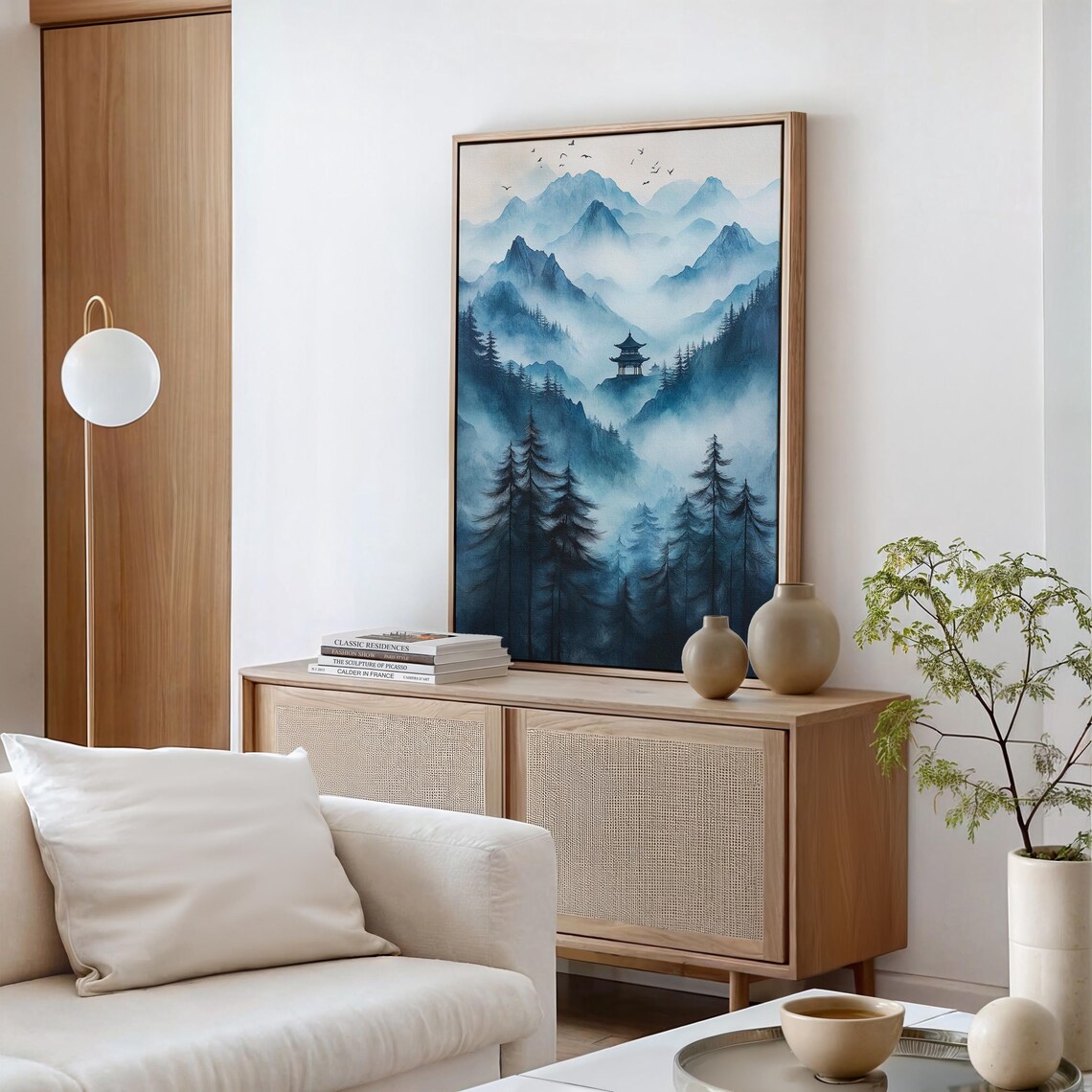 Misty Blue Mountain Pagoda Serene Asian Ink Landscape Wall Art - Image 4