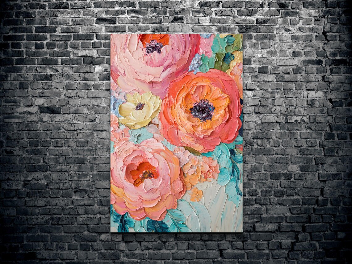 Pink Coral Ranunculus Impasto Palette Knife Floral Oil Art Poster - Image 2