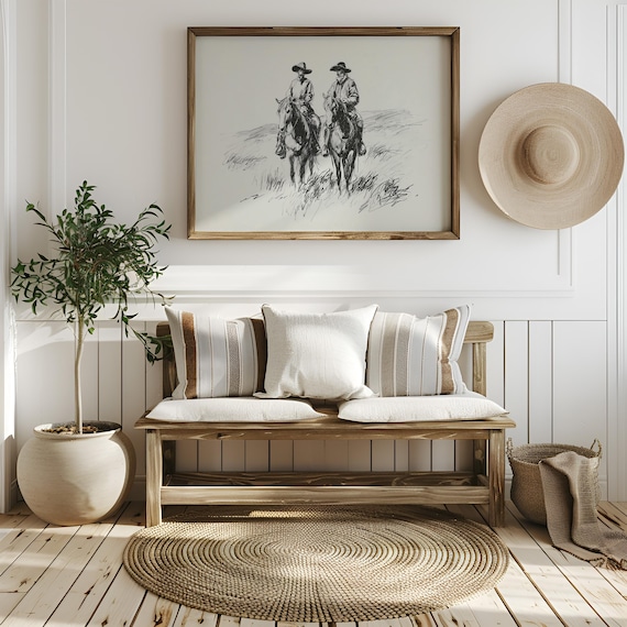 Two Cowboys Riding Horses Across the Plains Vintage Ink Sketch Poster