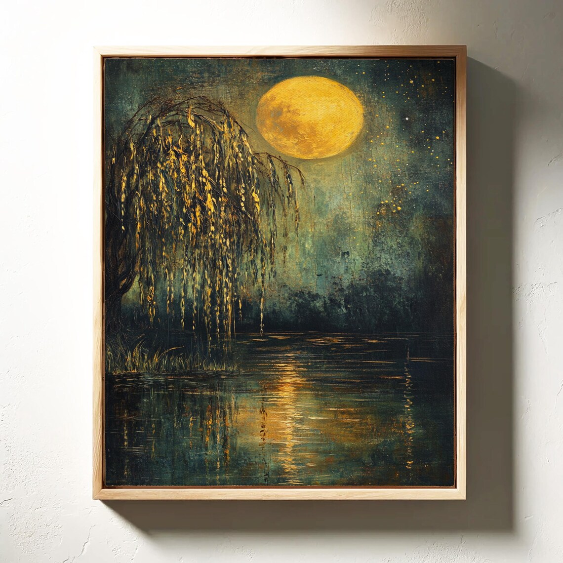 Moonlit Willow Reflection, Mystical Night Scene Art - Image 3