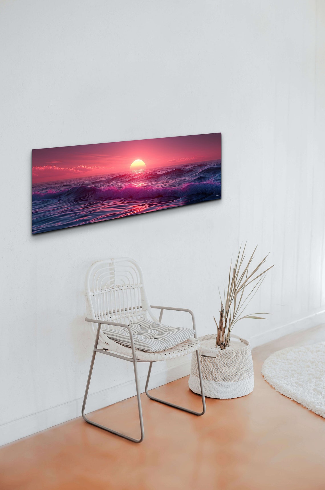 Pink Ocean Sunset with Waves Under Glowing Sun Panorama Wall Art - Image 6