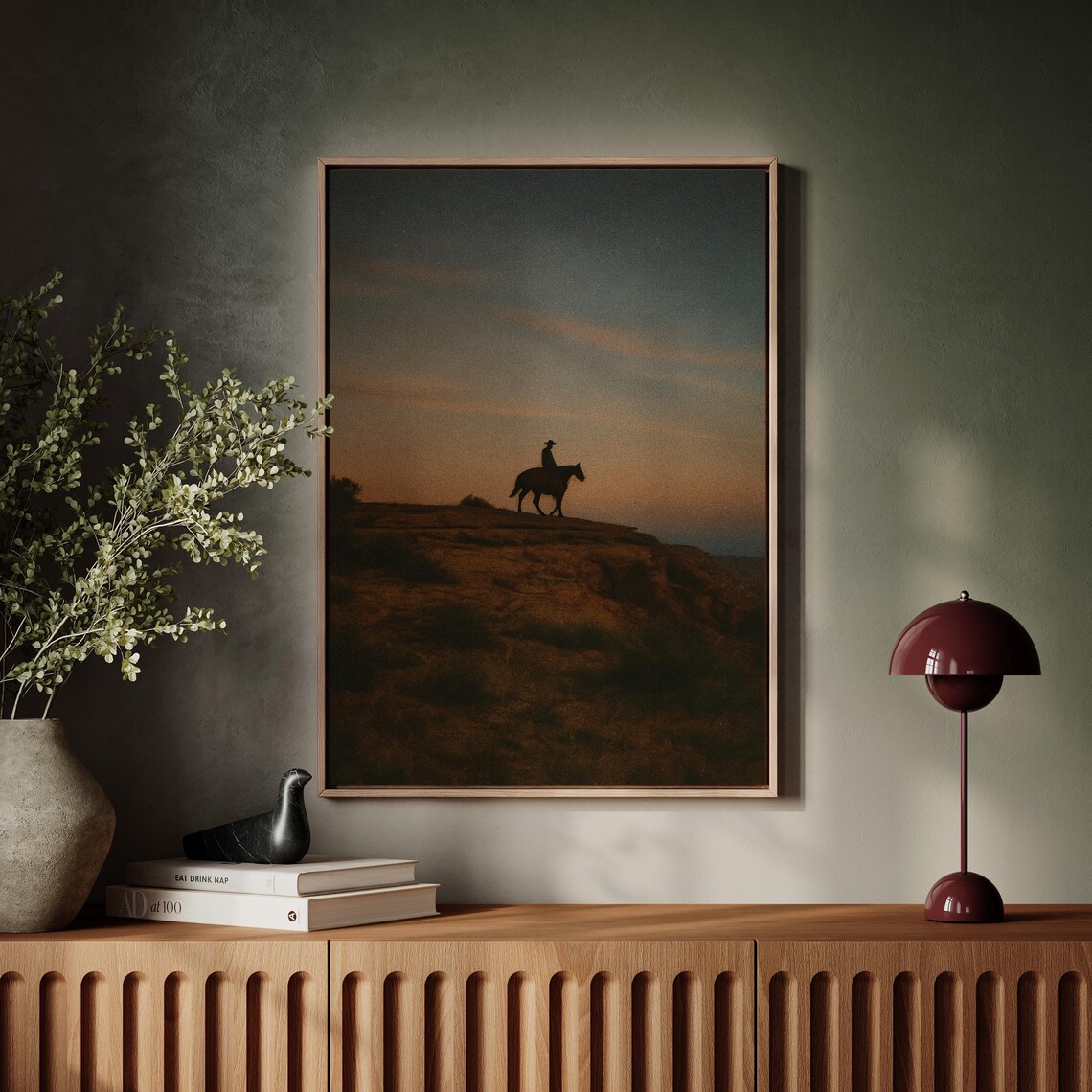 Lone Cowboy On Horse At Dusk Desert Ridge Sunset Silhouette Poster